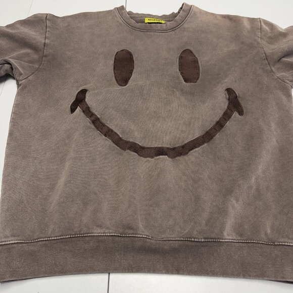 MARKET Sweatshirt Mens Large L Grey Brown Smiley Face Logo Crewneck Chinatown - Picture 4 of 12